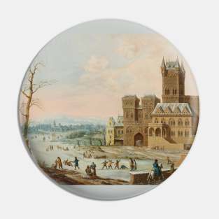 Figures in a Winter Landscape with a Gothic Castle by Johann Philipp Ulbricht Pin