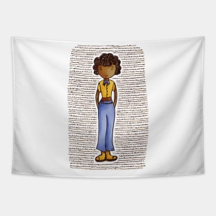 Cute brown girl with stylish curly hair wearing fashionable clothes and yellow boots Tapestry