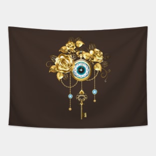 Steampunk Clock with Gold Roses Tapestry