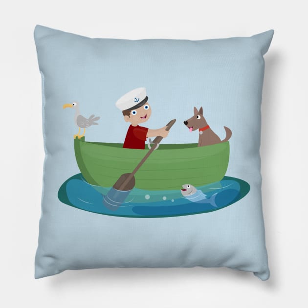 Cute boy sailor and dog rowing boat cartoon Pillow by FrogFactory