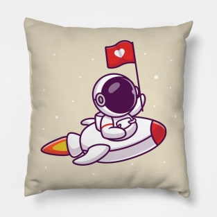 Cute Astronaut Riding Rocket With Love Flag Pillow