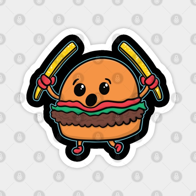 Playful Food Cartoon Hamburger Holding Fries Burger Magnet by belownormal