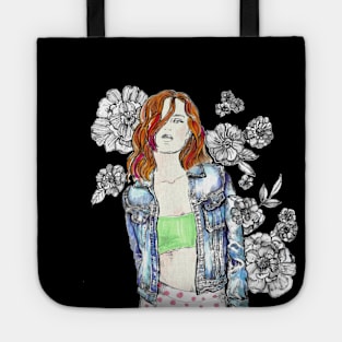 Woman with Red Hair in a Jeans Jacket. Tote