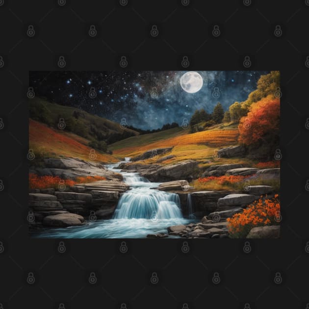 Landscape: river rushing water rocks flowers forest,moon,night by R.W.TDesign