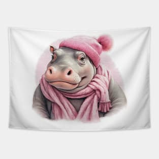 Adorable cute Hippo wearing a pink hat and scarf Tapestry