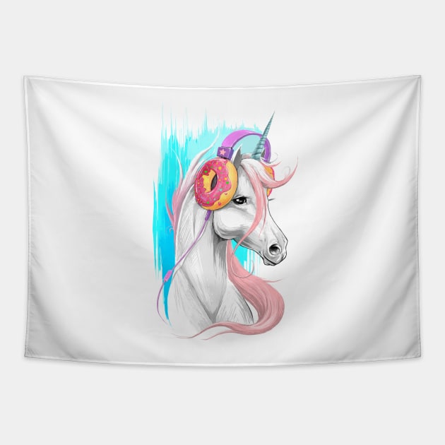 Unicorn in the headphones of donuts Tapestry by NikKor