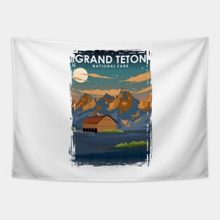 Grand Teton National Park at Night Vintage Minimal Retro Travel Poster Tapestry