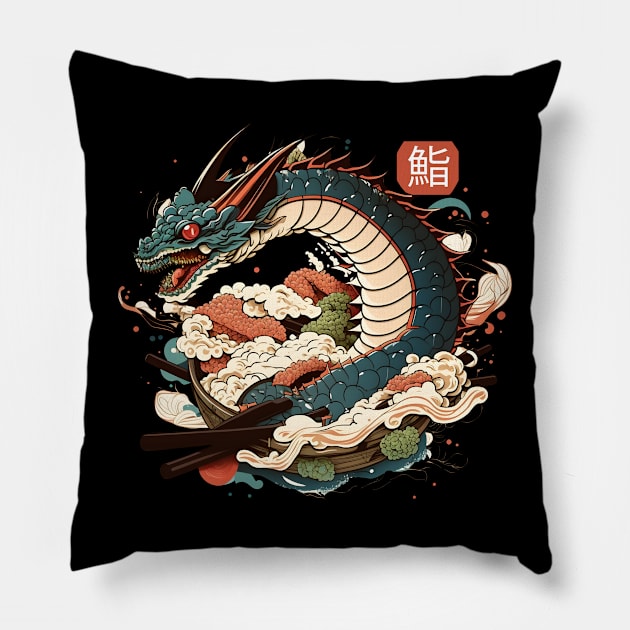 Dragon & Sushi Funny Food Retro Anime Lover Japanese Pillow by Ai Wanderer