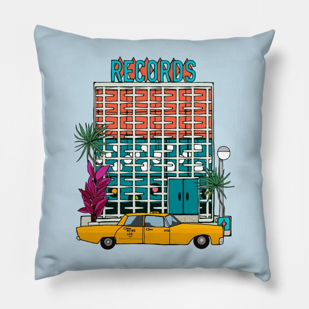 Breeze Block Record Store and Plants Pillow by jenblove