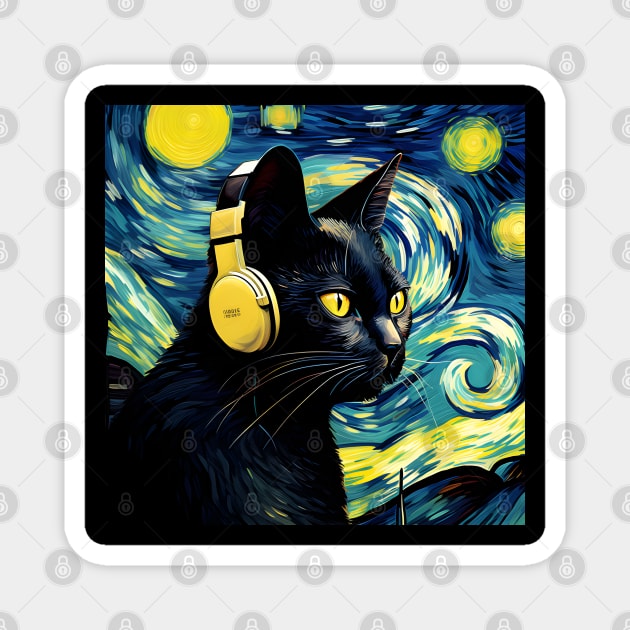 Starry Night Black Cat Wearing Headphones Magnet by VisionDesigner