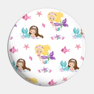 Kawaii Blonde and Brunette Mermaid with Flowers and Starfish Pin