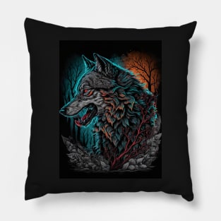 Wolf with blue and orange sky Pillow