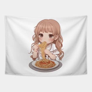 Cute girl eating spaghetti Tapestry