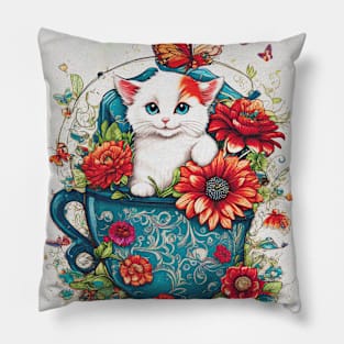 Cat Among Flowers And  Butterflies Pillow