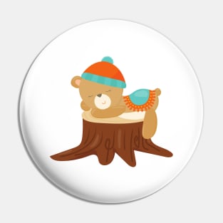 Autumn Bear, Sleeping Bear, Cute Bear, Tree Stump Pin