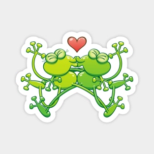 Couple of funny green frogs in love kissing passionately Magnet