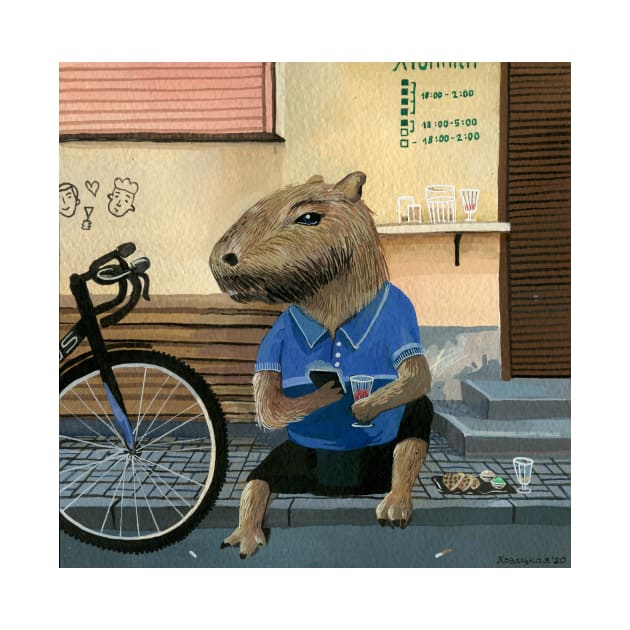 Capybara drinking on the pavement by argiropulo