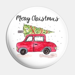 Watercolor Christmas Car with Tree Pin