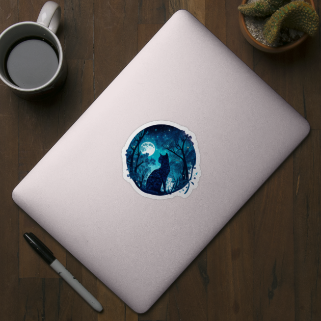 moonlight blue galaxy forest cat - Blue - Sticker