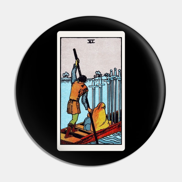 Card #55 - Six Of Swords - Rider Waite Smith Tarot Pin by RetroFitted