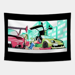 Girl with JDM Cars Tapestry