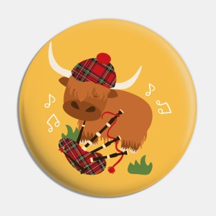 Highland Cattle Play Bagpipes - Orange Pin