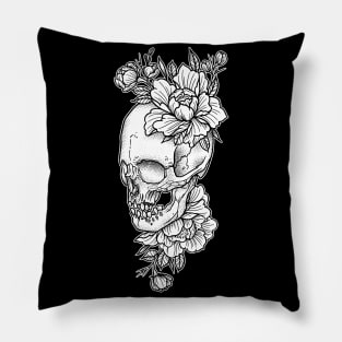 Skull and Peony Flowers Tattoo art Pillow