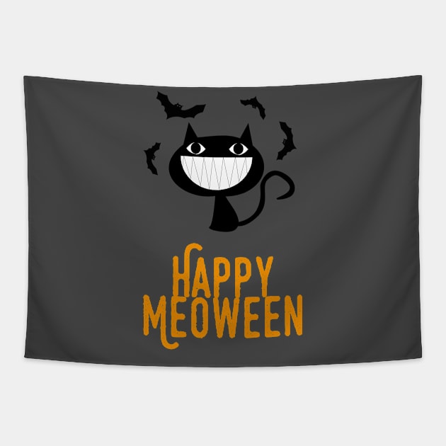 Happy Meoween – Bats and Grinning Black Cat Tapestry by HighBrowDesigns