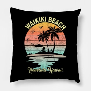 Family Vacation Retro  Honolulu Hawaii Waikiki Beach Pillow