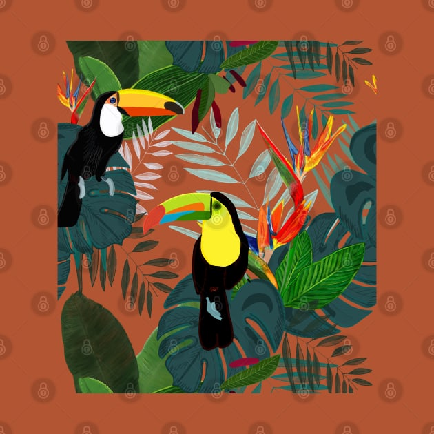 Toucan and bird of paradise flowers Tropical Forest colorful summer by GULSENGUNEL