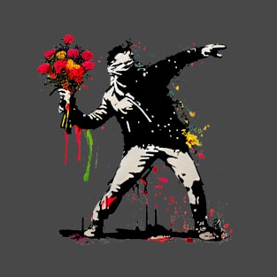 Captivating Banksy-Inspired Artwork: Man Flowers colorful T-Shirt