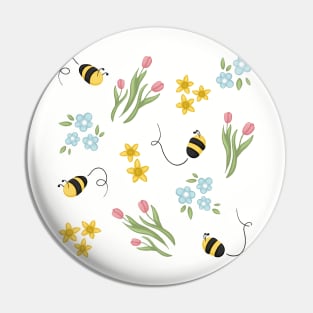 Cute Spring Bee Tulips and Daffodils Flower Pattern Digital Illustration Pin