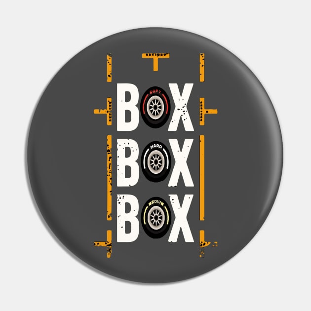 "Box Box Box" F1 Tyre Pin by Lamink