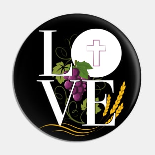 Eucharist LOVE Typography Host Wheat Grapes (white font) Pin