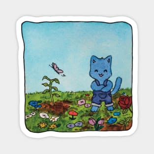 gardening cat garden flowers butterfly watercolor illustration Magnet