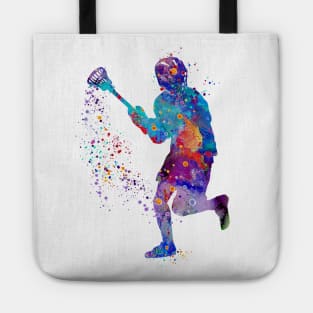 Lacrosse Boy Watercolor Silhouette Painting Tote