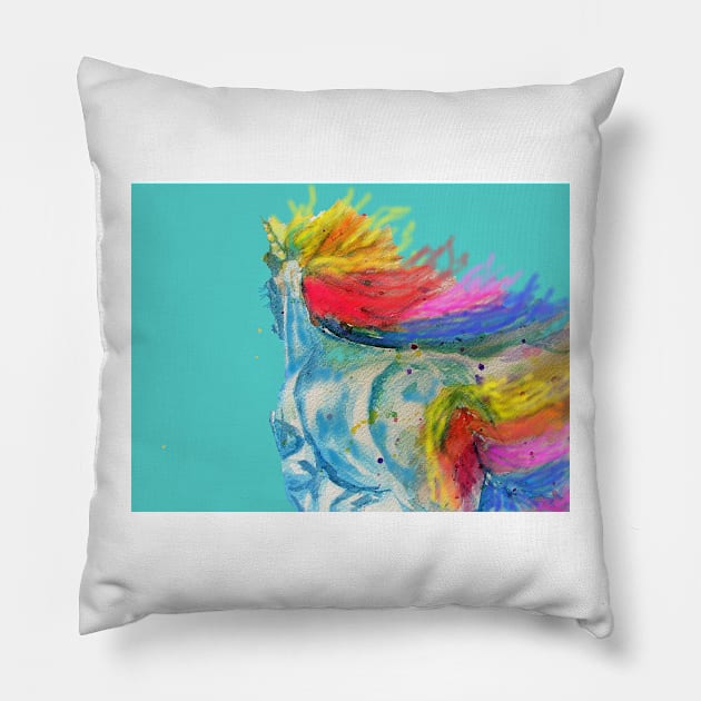 Unicorn Watercolor Painting Blue - On Aqua Pillow by SarahRajkotwala