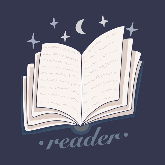 Reader blue open magic book design with stars and the moon by loulou-artifex