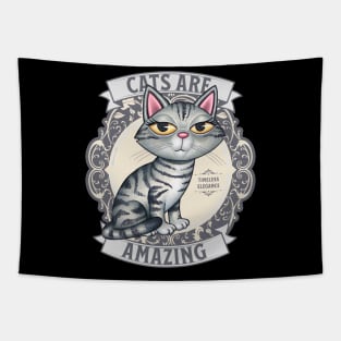 Cute Gray Tabby Kitty Cat on Design with Silver Cats are Amazing Tapestry