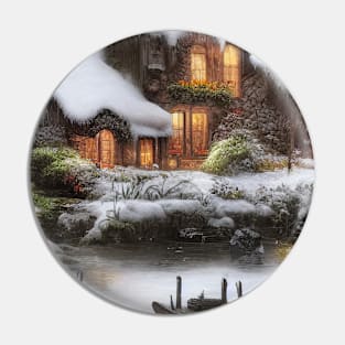 Magical Fantasy House with Lights in a Snowy Scene, Fantasy Cottagecore artwork Pin