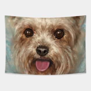 Painting of a Furry Yorkshire Terrier with Its Tongue Out on Cloudy Background Tapestry