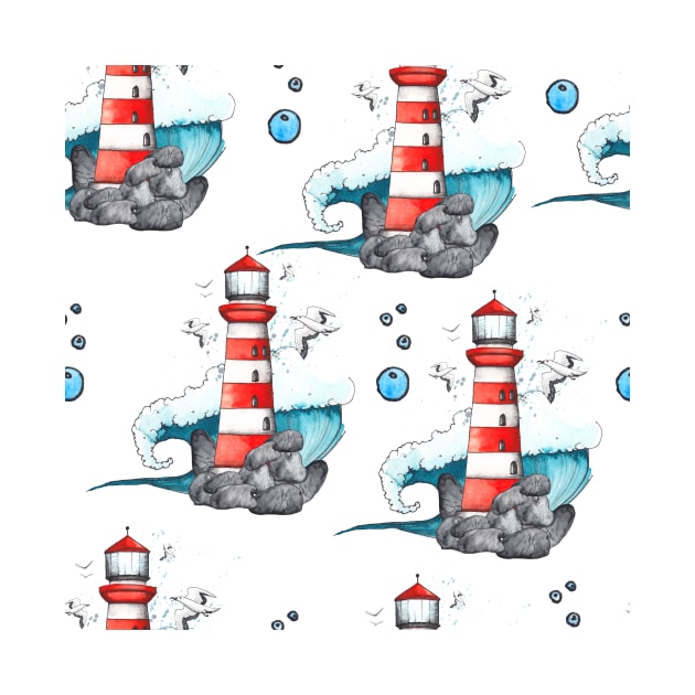 Lighthouse Seagull Waves Nautical Pattern by jodotodesign