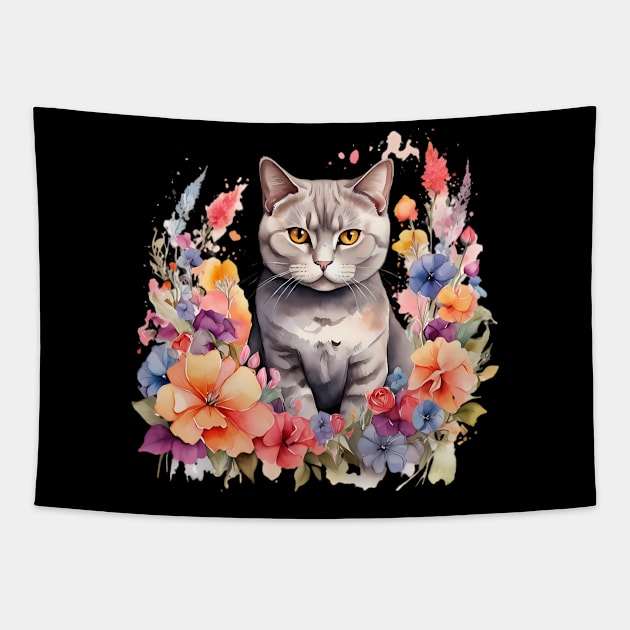 A british shorthair cat decorated with beautiful watercolor flowers Tapestry by CreativeSparkzz