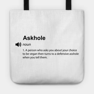 Funny vegan definition : askhole - Women Men Kids Sticker Tote