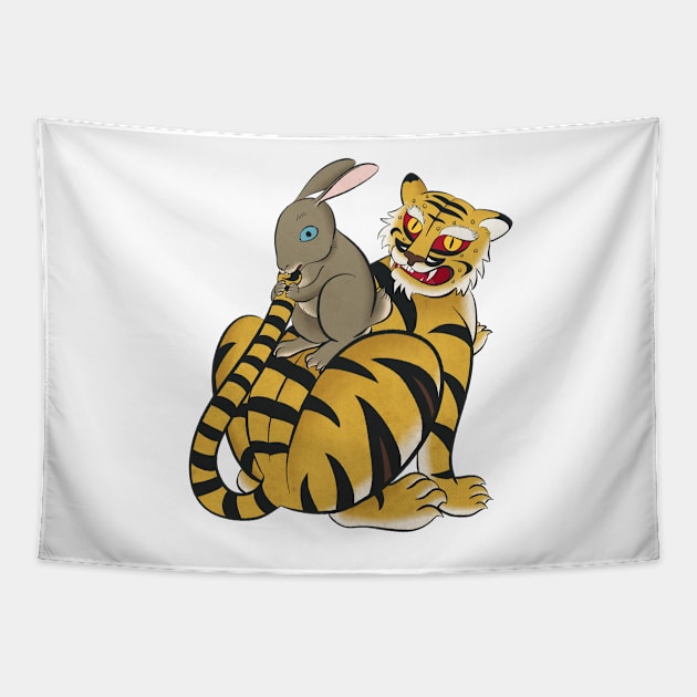 Minhwa: Rabbit Teasing Tiger Tapestry by koreanfolkpaint