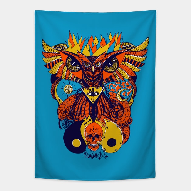 Orange Blue Owl And Ageless Skull Tapestry by kenallouis