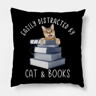 Easily Distracted By Cat & Books Pillow