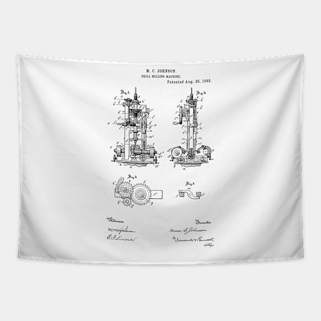 Drill Milling Machine Vintage Patent Hand Drawing Tapestry by TheYoungDesigns