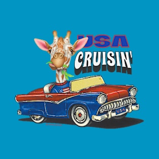 Humorous and Cute Giraffe driving in a cute classic car in the USA T-Shirt