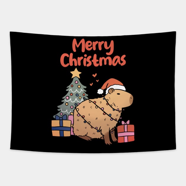 Merry Christmas a cute capybara ready for Christmas Tapestry by Yarafantasyart
